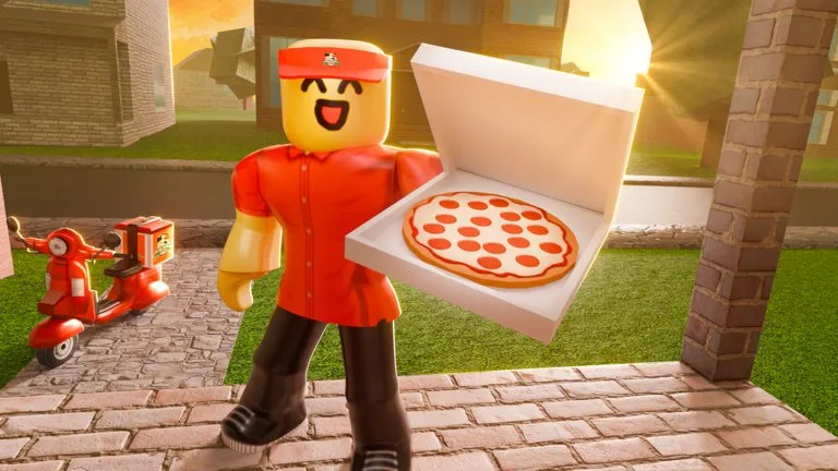 A delivery worker in an orange shirt holds an open pepperoni pizza box on a house porch, with a red scooter parked behind them.